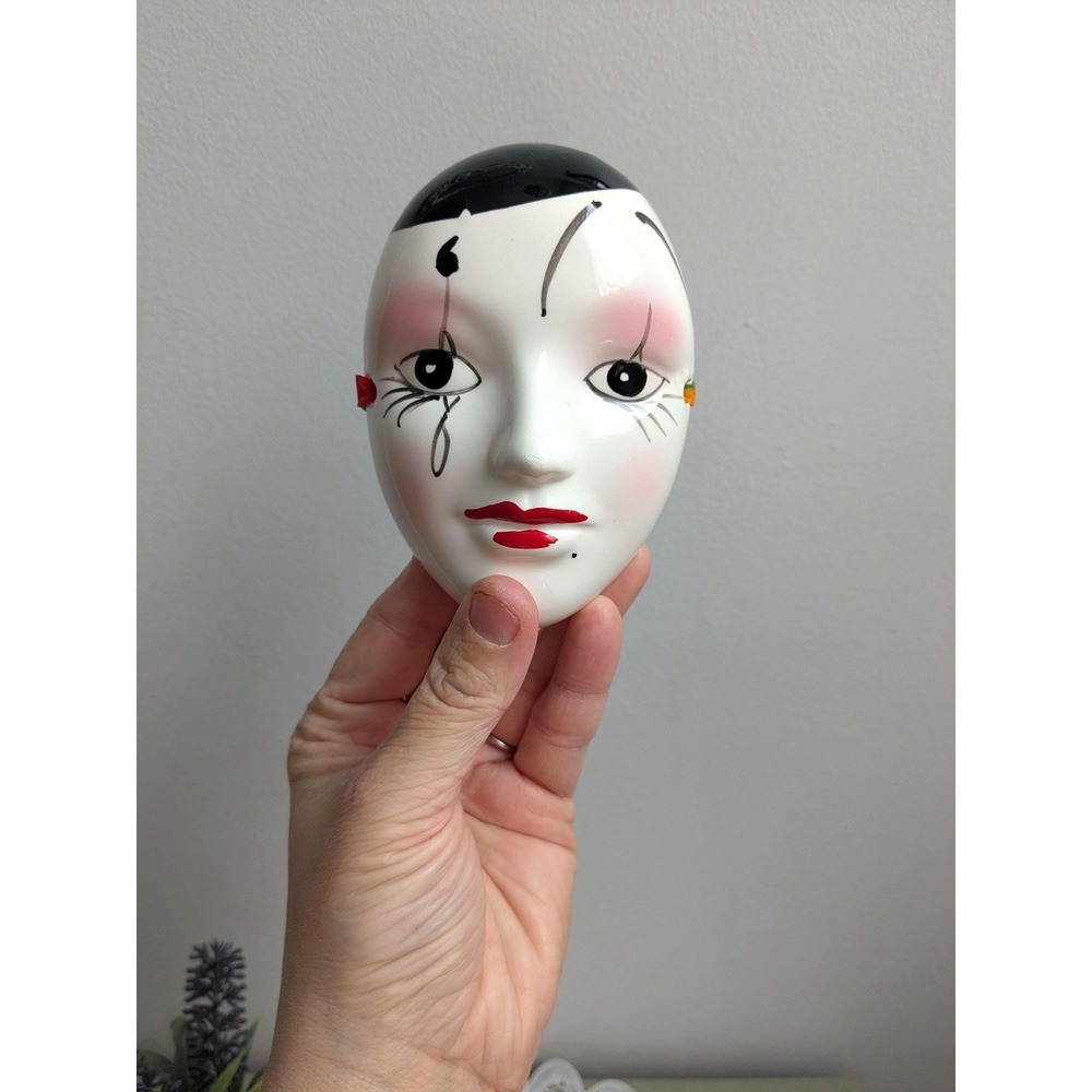 Vintage Ceramic Harlequin Wall Mask, Small Decorative Face Mask, Clowncore Decor